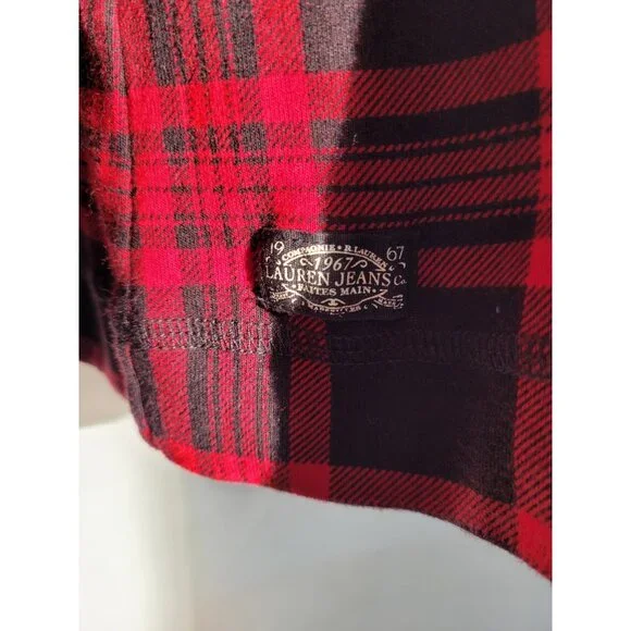 Ralph Lauren Jeans Co Top Shirt Womens 1X Red Black Plaid Elbow Patches Zipper - Picture 11 of 11